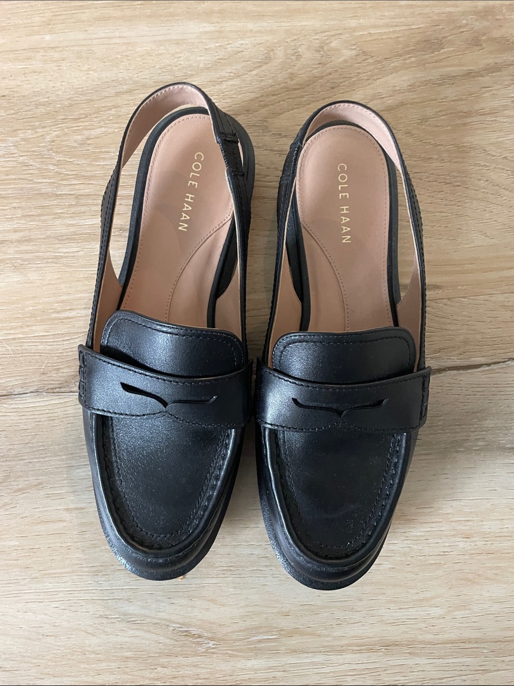 Cole Haan Black Leather Slingback Penny Loafers
